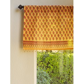 Saffron Marigold - Indian Summer - Orange Paisley Indian Sari Inspired Hand Printed - Beaded Sheer Cotton Voile Window Valance Curtain - Rod Pocket - (44 x 17 inches)