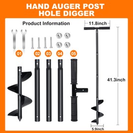 Urenwp Hand Auger Drill Post Hole Digger 5.9"x41", Large Garden Auger Drill for Planting Bulb, Flower, Seedlings, Manual Spiral Drill Bit Fence Post Auger with Non-Slip Handle