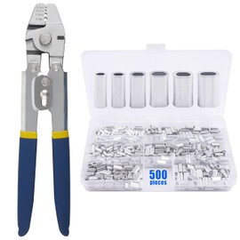 Fishing Crimping Tool Kit, Crimping Pliers with 500pcs Aluminum Crimp Sleeves Set Wire Rope Fishing Line Crimping Kit (Blue SS Plier+500pcs Sleeves)