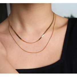 Dainty Gold Layered Necklaces for Women 18K Gold Plated Stacked Chain Necklace Delicate Herringbone Choker Necklace Flat Snake Chain Necklace for Girls
