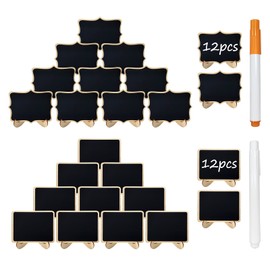 24 Pcs Wooden Mini Chalkboards Signs for Food Signs, Wedding Signs, Message Signs, Event Decorations, and Include 2 Kinds of Board, Wooden Stand, 2 Chalk Markers.