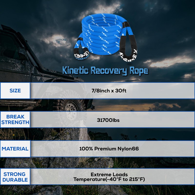 AXSIPEIX Kinetic Recovery Rope (Reflective) | 7/8in x 30ft 31,700Lbs