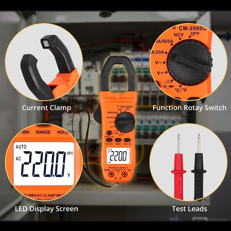 AMTOVL Clamp Meter - AC/DC Current, 2000 Counts Auto-ranging TRMS
