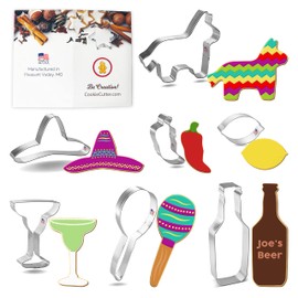 Foose Cookie Cutters Cinco de Mayo Fiesta 7 Piece Set Margarita 4 in Margarita Glass, 4.75 in Pinata, 2.75 in Lemon, 4.75 in Sombrero, 5.5 in Maraca, 3 in Chili Pepper, 6 in Beer Bottle, USA Made