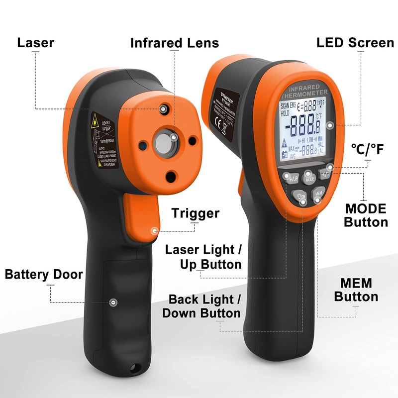 Infrared Thermometer Gun - BTMETER 985C Non Contact 16:1 IR
