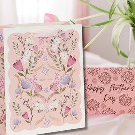 Glick Luxury Gift Bag, Petals & Posies Pink Gift Bag, Suitable for Mother's Day and Mums Birthday, Petals and Posies With Love Design, 26w x 31.5h x 13.5d cms, Pink & Purple