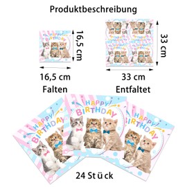 Ovanda 24 Stück Katzen Geburtstag Deko Servietten (33 x 33 cm), Kindergeburtstag Servietten Katze, Servietten Kinder Tischdeko, Katzen Deko Papierservietten, Haustier Party Dekoration Papierservietten