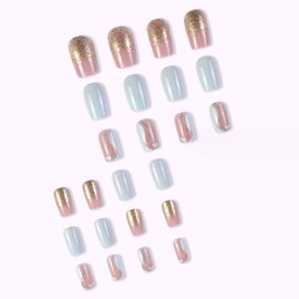YoYoee Short Square False Nails Gradient Bling Press on Nails Full Cover Fake Nails Acrylic Nude White Nails Tips for Women and Girls 24PCS