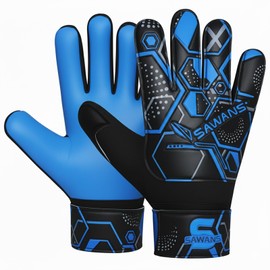 SAWANS Football Soccer Goalkeeper Gloves For Boys Durable Comfortable kids Children Youth Goalie Gloves Wrist Support Strong Grip Padded Palm (Black/Blue, Size 5 suitable for 8 to 11 Years old)