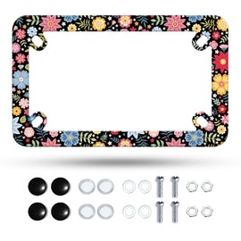 Motorcycle Folk Art Flowers License Plate Frame Colorful Floral Stainless Steel Material Funny Motorbike License Plate Holder Motorcycle Accessories 7" X 4" Inch