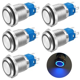 Gebildet Pack of 5 16 mm Blue LED Metal Momentary Push Button Switch Waterproof 12V-24V/5Amp 1NO 1NC On/Off for 5/8 Inch Mounting Hole