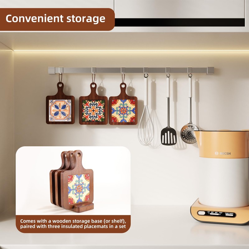 Wooden Trivets for Hot Dishes，3PCS Wooden Coasters with Organising Holder，Base