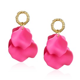 Seakuur Rose Petal Flower Dangle Earrings for Women Petal Statement Floral Tassel Earrings Valentine Day (Hot Pink)