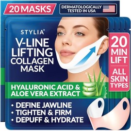 Stylia Mascarilla Doble Mentón - Correa Para La Mentón Línea V - Mascarilla Facial De Colágeno De Hidrogel Tonificante Con Ácido Hialurónico Y Aloe...
