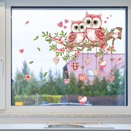 Static Cling Pink Owl Window Stickers, Romantic Heart Floral Window Decals, Removable Peel and Stick Glass Art for Home Living Room Bedroom Nursery Girls Room Decor