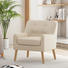 Christopher Knight Home Felicity Mid-Century Modern Fabric Upholstered Accent Chair, Wooden Living Room/Bedroom Comfy Reading Chair, Button Tufted Lounge Chair with Cushion, Relaxing Armchair, Beige