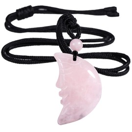 Nupuyai Rose Quartz Carved Crystal Stone Moon Face Necklace for Women, Energy Reiki Healing Stone Pendant with Adjustable Cord 68cm