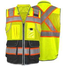 JHPAZUJA High Visibility Safety Work Vest for Men, Surveyor Safety Vest with Pockets, ANSI/ISEA 107-2020 Class 2 Type R Compliant((Yellow, XXL)