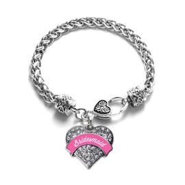 Inspired Silver - Pink Bridesmaid - Silver Braided Bracelet for Women - Pave Heart Charm Bracelet Jewelry Gift with Cubic Zirconia - Women's Charm Bracelet with Lobster Claw Clasp