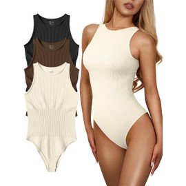 OQQ Women's 3 Piece Bodysuits Sexy Ribbed One Piece Sleeveless Halter Neck Tops Leotard Summer Trendy Black Coffee Beige