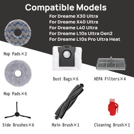 26Pcs Replacement Parts for Dreame L10s Ultra Gen2/L40 Ultra/X30 Ultra/X40 Ultra Vacuum Cleaner Accessories Kit,1 Main Brush,4 HEPA Filters,8 Mop Pads,6 Dust Bags,6 Side Brushes，1 Cleaning Brush