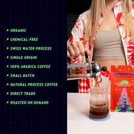 Organic Swiss Water Process Decaf Coffee - Tasting notes of Honey, Molasses, Blackberry & Peach - Full-bodied, clean, and sweet brown sugar finish.