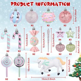 JEDWKFA Pack of 32 Christmas Baubles, Christmas Tree Decorations, Plastic Christmas Baubles + Unicorn + Magic Crutch + Lollipop, Christmas Tree Decoration, Christmas Decorations with Hanging Bow,