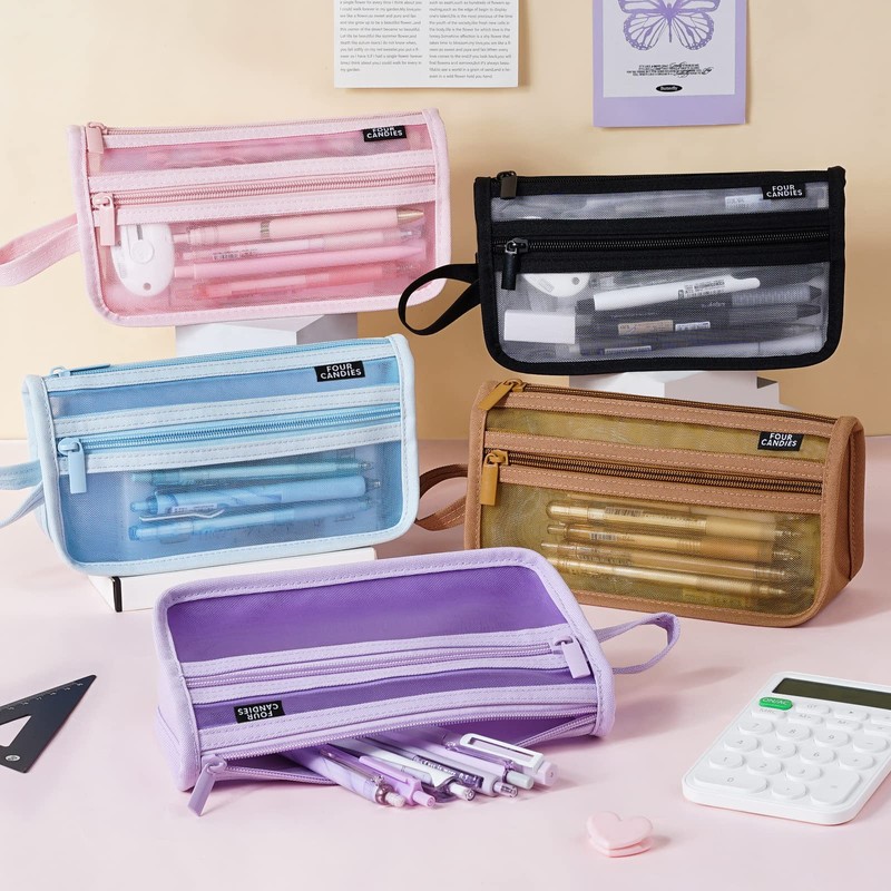 Four Candies Mesh Pencil Case with Handle and Zipper, blue,