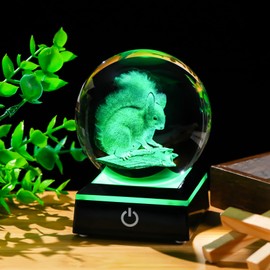 Arikyrist 3D Squirrel Figurine Crystal Ball with Colorful Light Base, Laser Engraved Squirrel Gifts for Women Men on Christmas Birthday, Squirrel Ornament Glass Decorative Ball for Home Decor (80mm)