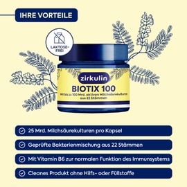 Zirkulin Biotix 100 1x 28 Kapseln – Zur Unterstützung einer gesunden Darmflora - Nahrungsergänzungsmittel mit bis zu 100 Mrd. aktiven Milchsäurekulturen sowie Trockenhefe, Vitamin B2 und Vitamin B6