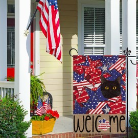 4th of July Patriotic Cat Garden Flag 12x18 Inch Double Sided Independence Day Garden Flag for Outside Black Cat American Stars and Stripes Festive Holiday Outdoor Decorative Burlap Yard Flags
