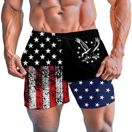westwolf Men Board Shorts 5.5 Inch Swimming Trunks for Man American Flag Bathing Suits Men's Board Shorts with Compression Liner Mens Black Red Swim Suits Medium