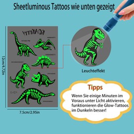 Deen Dino Tattoo Children, Luminous Dinosaur Tattoo Boys, Temporary Tattoos Set, 10 Sheets, Luminous Dinosaur Tattoos, Children's Stickers for Children's Party Games, Children's Birthday Party Bags