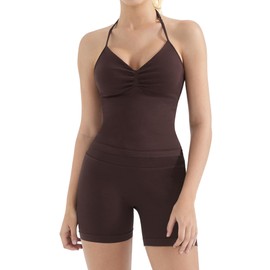 SUUKSESS Women 2 Piece Seamless workout Sets Halter Backless Impact Longline Strappy Tank Top Sport Gym Yoga Bike Shorts (Dark Brown, XL)