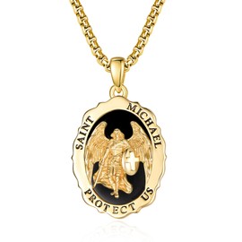 TANGPOET Archangel St Michael Pendant Medal Necklace for Men Women Gold Plated 925 Sterling Slver Black Onyx Protection Catholic Religious Jewellery Gifts