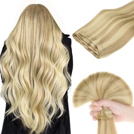 DOORES Sew in Hair Extensions Real Human Hair for Women, 22 Inch 110g Drity Blonde Highlight Golden Blonde, Natural Hair Extensions Human Hair, Invisible Weft Hair Extensions