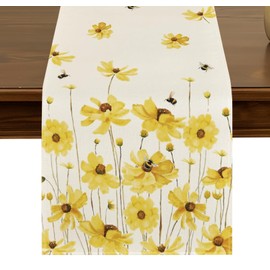 Yellow Daisy Bees Summer Table Runner,72 Inches Seasonal Fall Holiday Kitchen Dining Table Decoration for Home Party Decor ZQ07