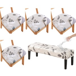 KRFOONN Waterproof Seat Covers for Dining Room Chairs Set of 4 with Bench Cover Washable Dining Chair Covers Removable Kitchen Chair Cushion Slipcovers Protector, 01