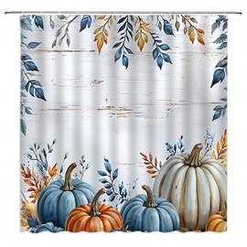 Fall Thanksgiving Shower Curtain Pumpkin Leaves Leaf Floral Vintage Wooden Rustic Watercolor Autumn Festival Blue Orange Bathroom Decor Curtain with Hooks,70" Wx70 H
