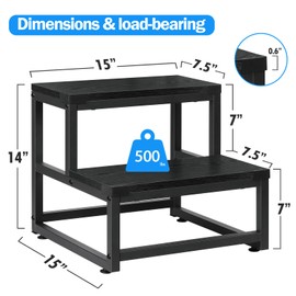 LIANTRAL Step Stools for Adults Kids, 2 Step Stool for High Beds, Heavy Duty Steel & Sturdy Wooden Step Stool Helper, Supports Up to 500lb, Foot Stool for Kitchen Bedroom Bathroom - Black