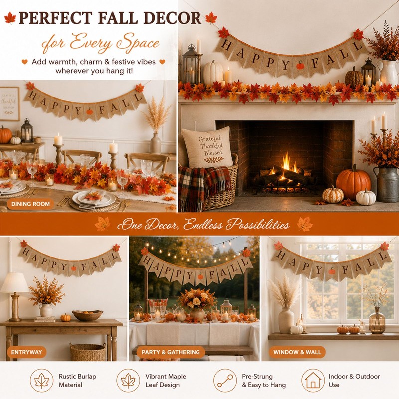 Happy Fall Burlap Banner with Maple Leaf Garland