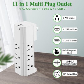 Multi Plug Outlet Surge Protector Power Strip with 9 AC Spaced Outlet Splitter and 1 USB-A &1 USB-C Port,ETL Listed 3-Sided Swivel Wall Outlet Extender for Smart Home,Office,Travel,School-White