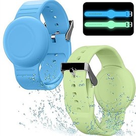 Waterproof Air Tag Bracelet for Kids(2 Pack)  Soft Silicone Wristband Lightweight GPS Compatible with AirTag Watch Band (Grey Blue & Pink) - Color: ‎‎‎‎‎‎Grow in Dark Blue & Green