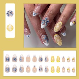 BQZQPAMZ 24pcs White French Tip Press on Nails Blue Flowers Short Almond Fake Nails Yellow Lemon Stick on Nails Full Cover Acrylic Nails for Women DIY Summer Floral Manicure