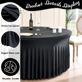 Leegleri 8 Pack Black Spandex Round Tablecloths - 60 inch Table, Stretchy 120inch Fitted 5FT Round Table Cloths with Skirt for Wedding Party Dining Banquet