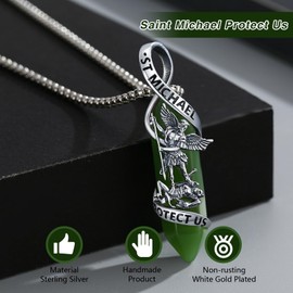 YueYuan Religious St Michael Necklace 925 Sterling Silver Saint Patron Saint Pendant Amulet Jewellery Gift for Men Women Dark Green Crystal, One size, Sterling Silver, Crystal