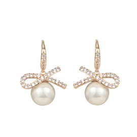 ankbrats Women's Golden Pearl Earrings, Bows Freshwater Pearls, Hanging Hook Earrings, Women, Hypoallergenic Drop Earrings with White Pearl for Girls, Yellow Gold