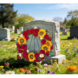 AILVEMEE Cemetery Wreaths for Graves,Spring Wreath for Cemetery,Memorial Day Grave Wreath,Headstone Wreaths on Metal Stand, Artificial Flower Wreath:Red Rose Sunflower Berries