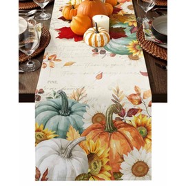Fall Thanksgiving Table Runner Pumpkin Sunflower Leaf Table Decoration for Kitchen Dinning Green Maple Leaves Retro Table Decoration for Indoor Outdoor Holiday Party Wedding Decor 13x72 Inch