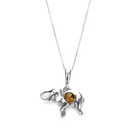 jewellerybox Sterling Silver & Cognac Baltic Amber Elephant Pendant on 22 Inches Chain